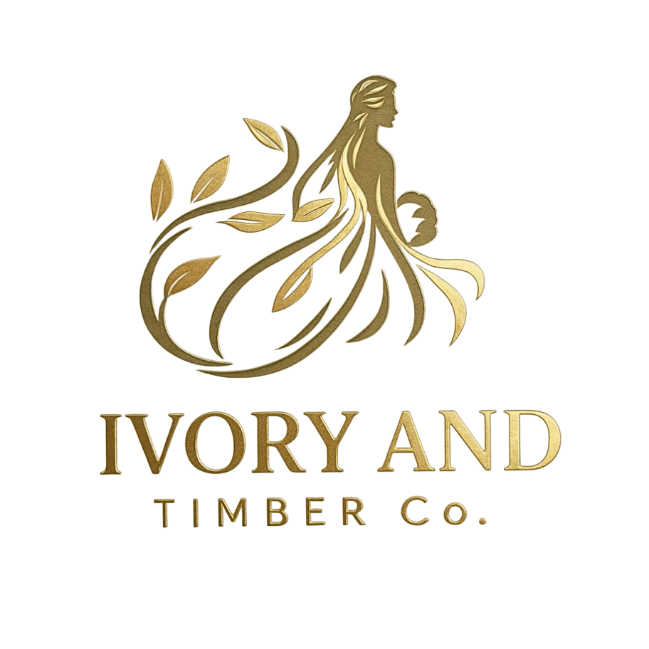 A gold outline of a woman with flowing hair and leaves incorporated into the design, accompanied by the text "IVORY AND TIMBER CO." in gold lettering.