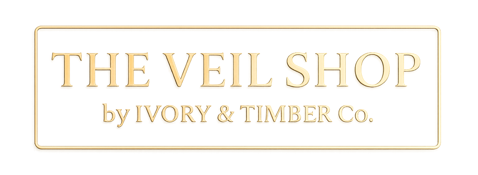 Golden logo for The Veil Shop by Ivory & Timber Co. with a black background.