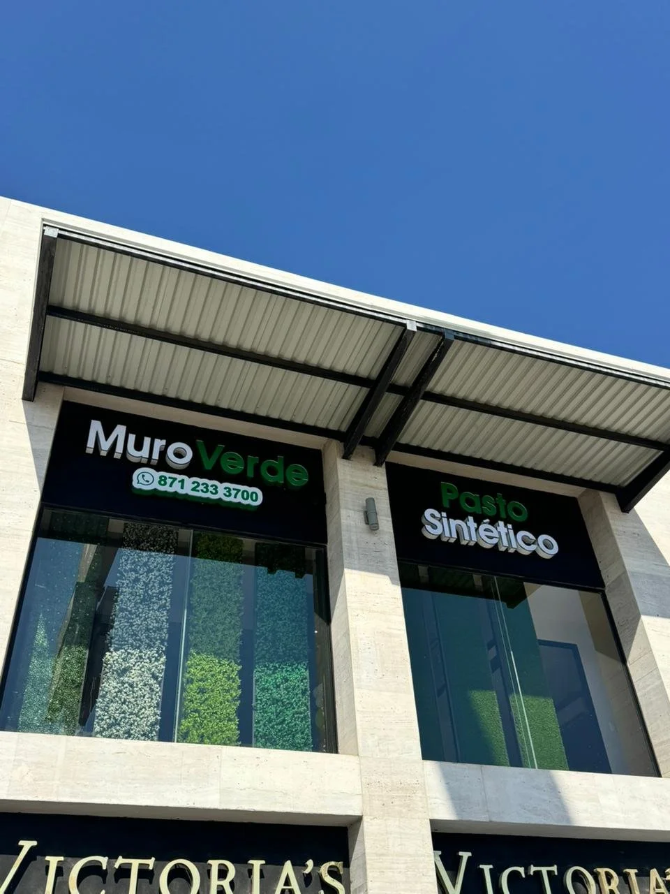 Fachada de un edificio con vitrinas grandes, señalización en letras blancas y verdes, y un cielo azul claro.