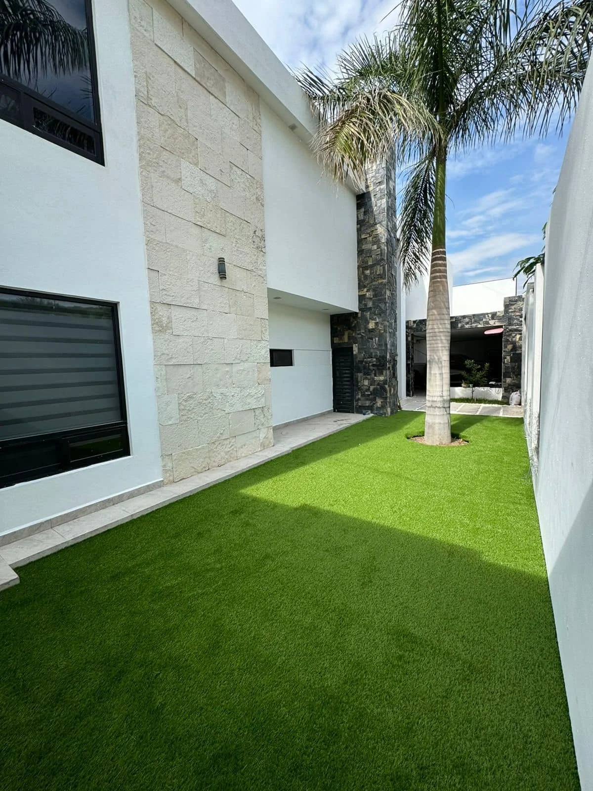 Jardín con césped artificial, palmera y paredes blancas de una casa moderna con ventanas de cristal.