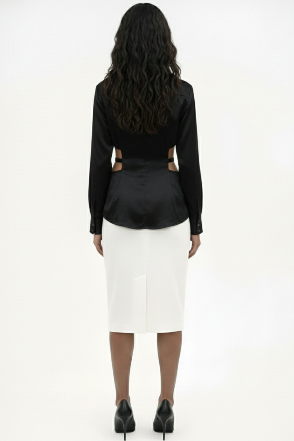 ADRIANNE WEBER Cutout Silk Harness Shirt with full-length sleeves, precision-cut openings, buttons and leather strap fastening.