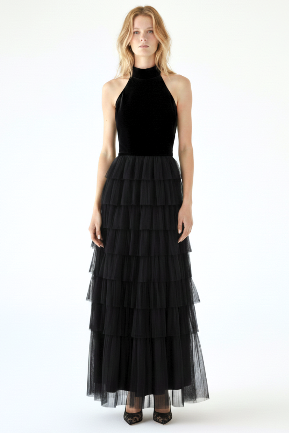 ADRIANNE WEBER Night Sky Dress in sculpted velvet with a sheer, layered silk tulle skirt