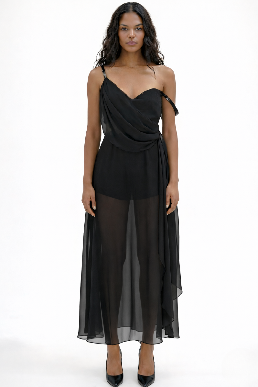 ADRIANNE WEBER Asymmetrical Dress anchored by fine Italian leather straps which suspend the silhouette