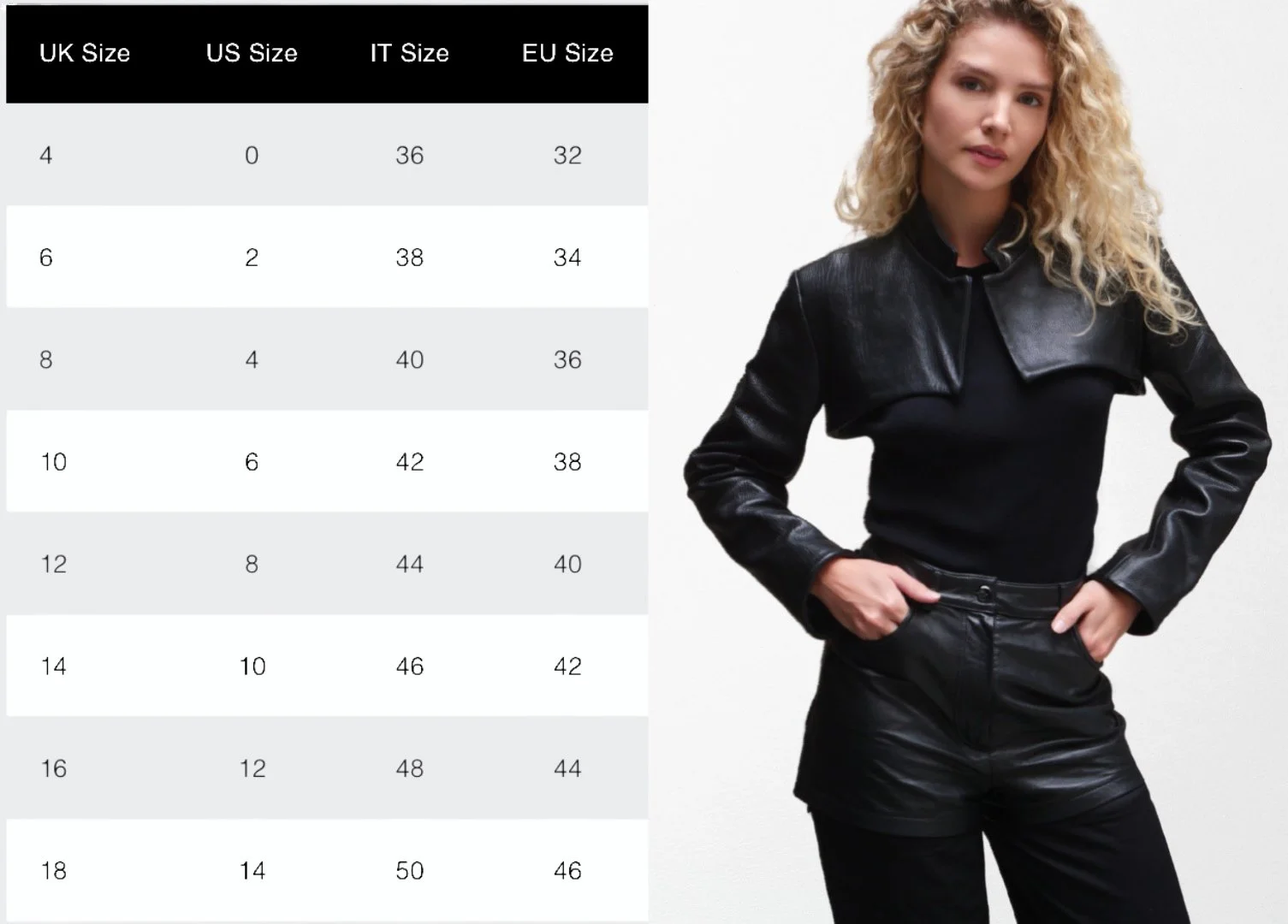 Size chart for clothing sizes next to a woman with curly blonde hair wearing a black leather jacket and black pants, standing with her hands in her pockets