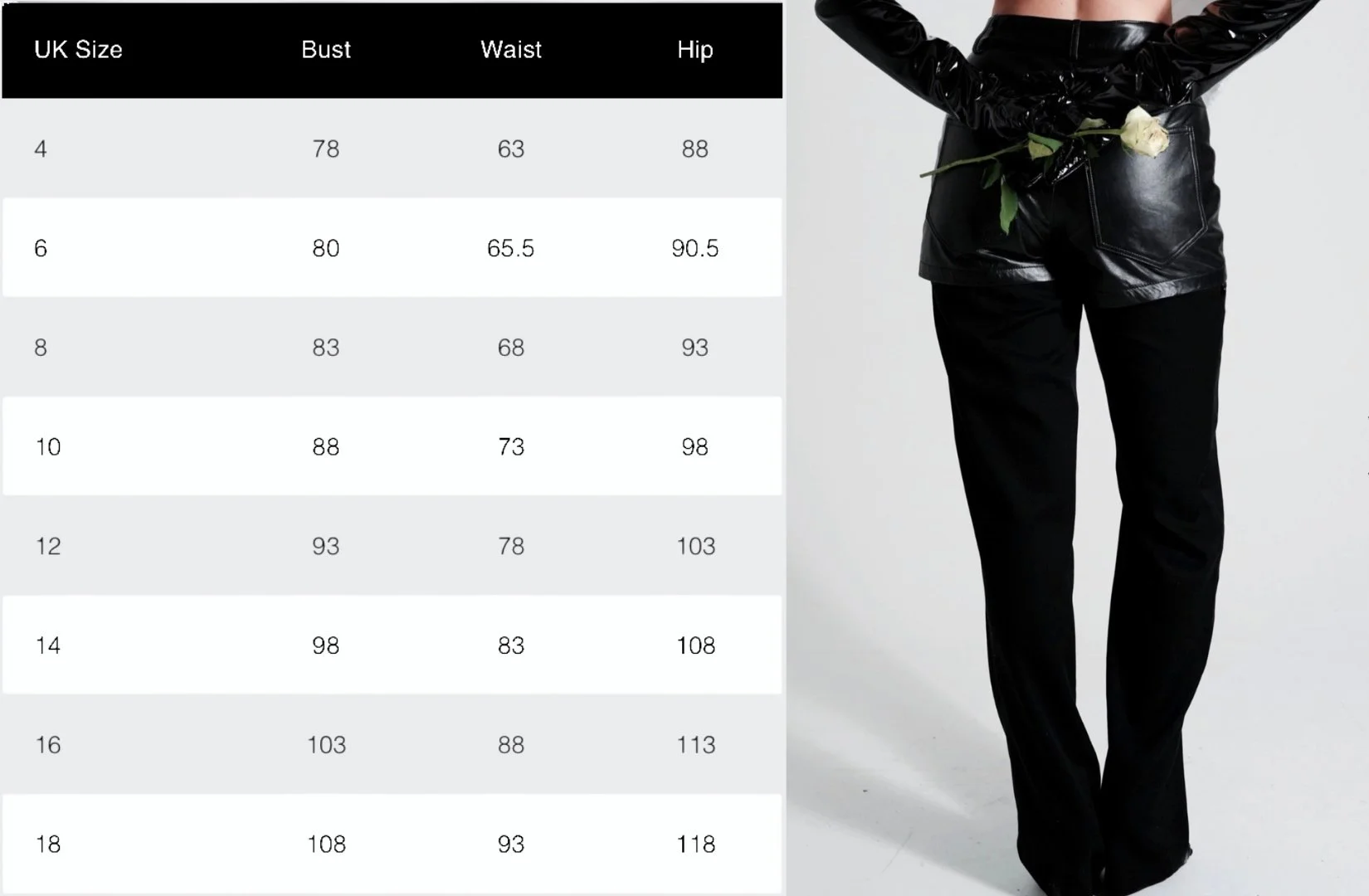 A size chart for clothing, with columns labeled UK Size, Bust, Waist, and Hip, alongside a person wearing black leather pants and a black, shiny top, holding a white rose behind their back.