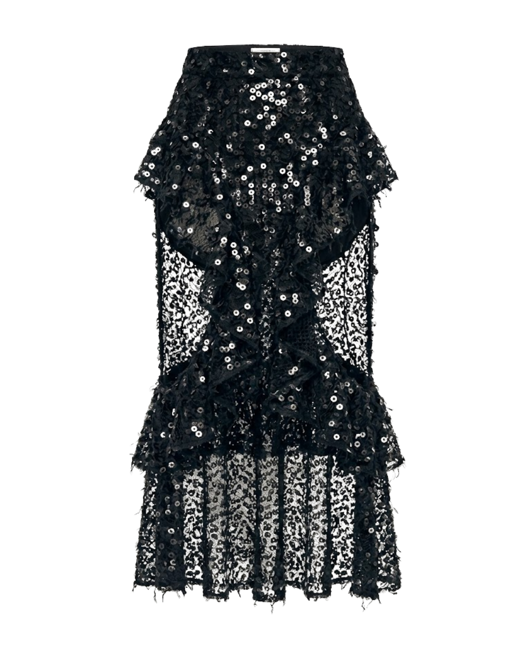 Black lace dress with sequins and ruffles, knee-length, sleeveless.