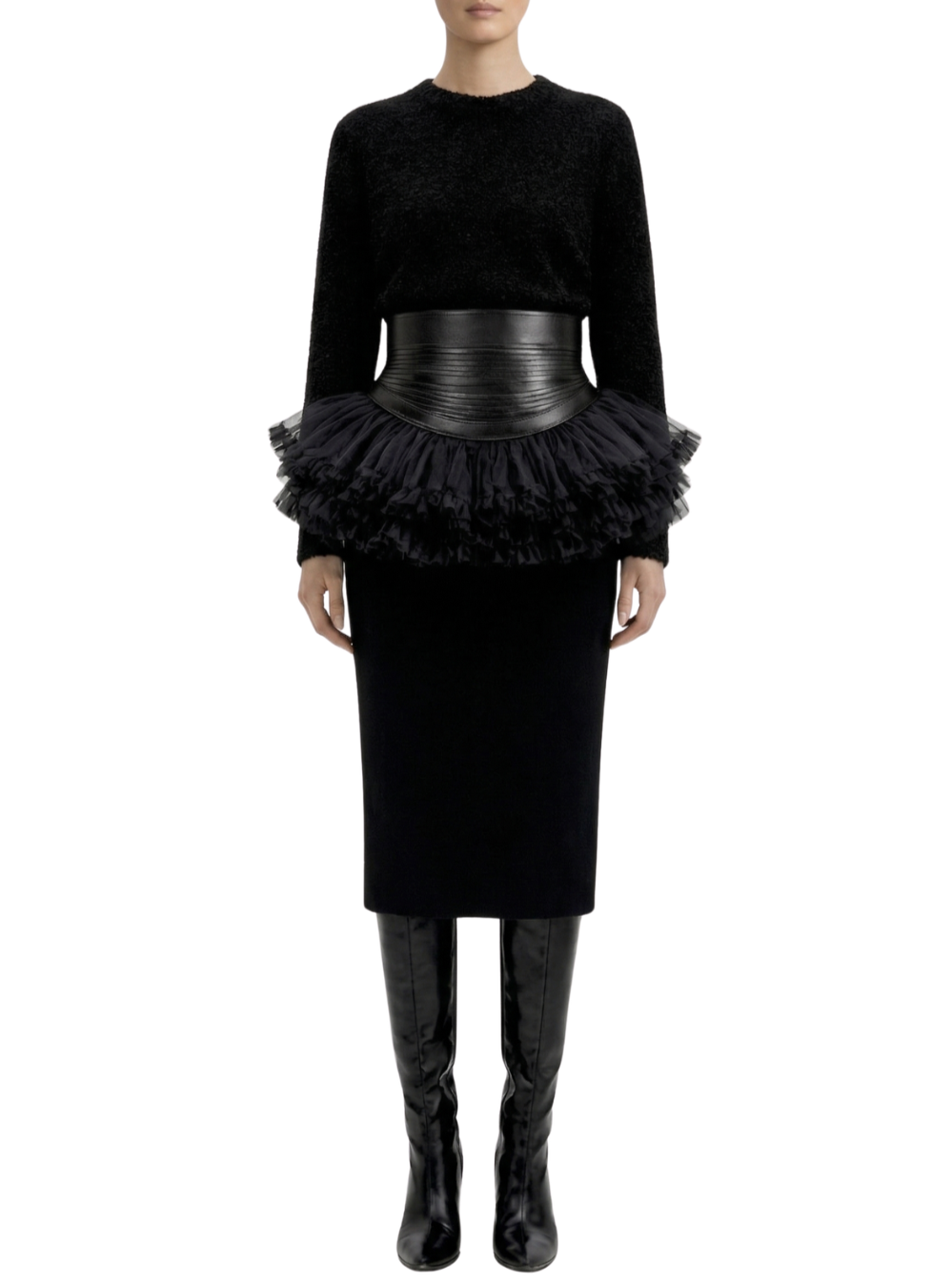 Leather-Banded Tulle Peplum Skirt