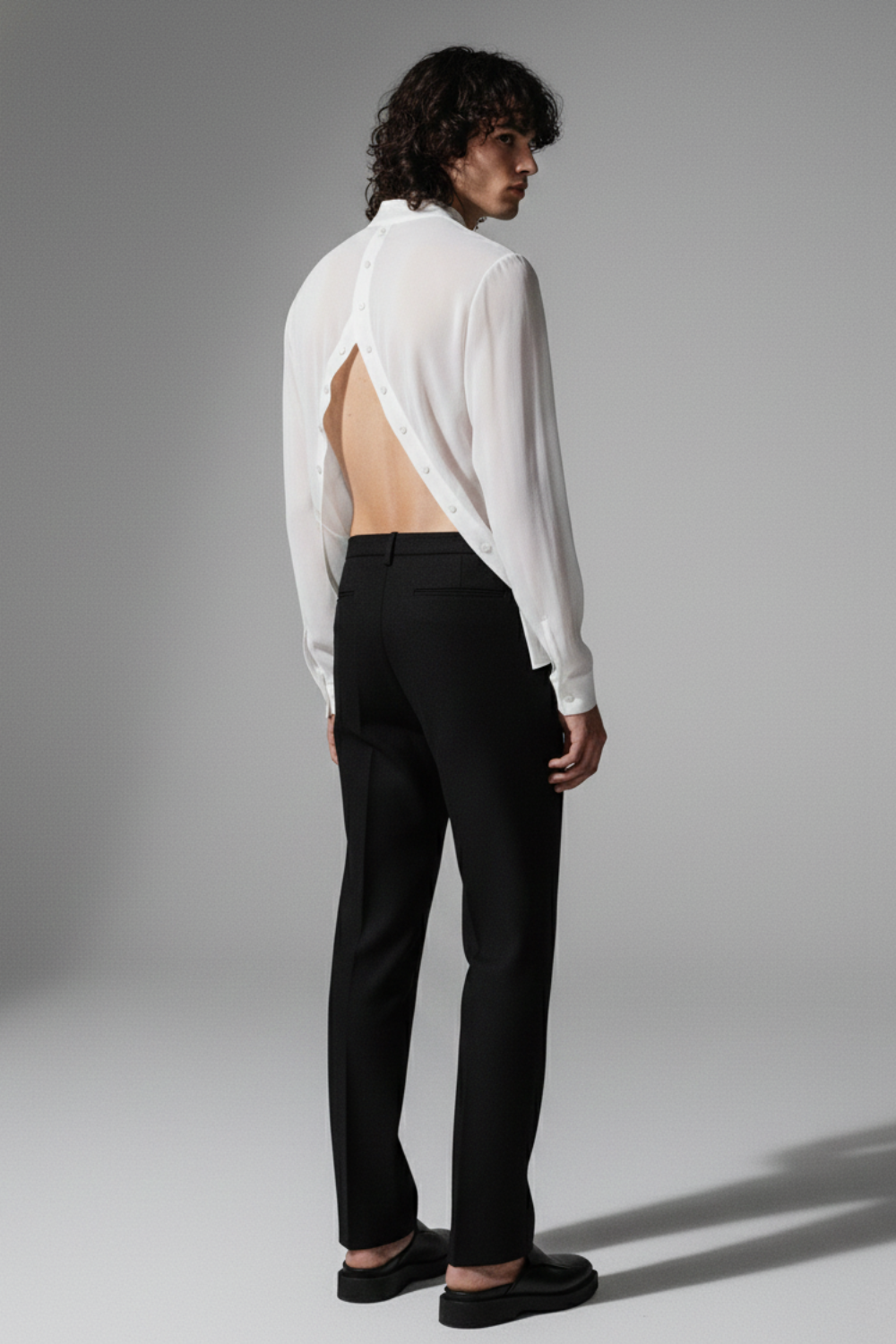 ADRIANNE WEBER Open Back Classic semi sheer button up shirt in matte silk is a statement of understated sensuality and thoughtful construction