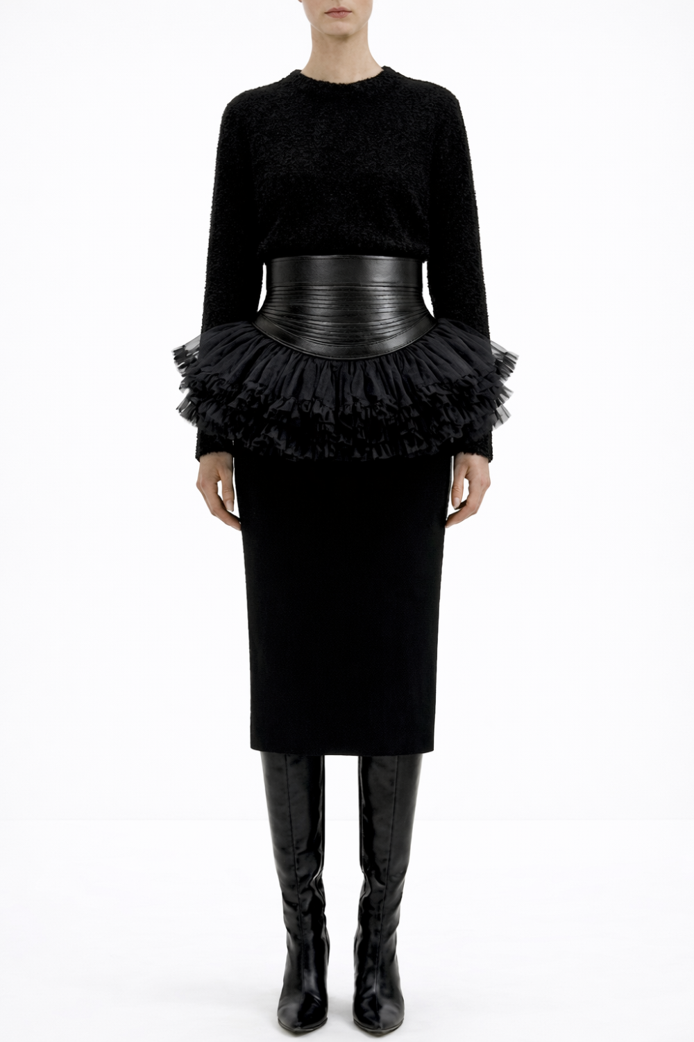 Leather-Banded Tulle Peplum Skirt