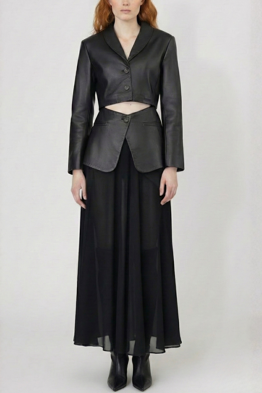 ADRIANNE WEBER Leather Blazer can be styled in multiple ways; as a jacket or open and cinched becoming a deconstructed belt