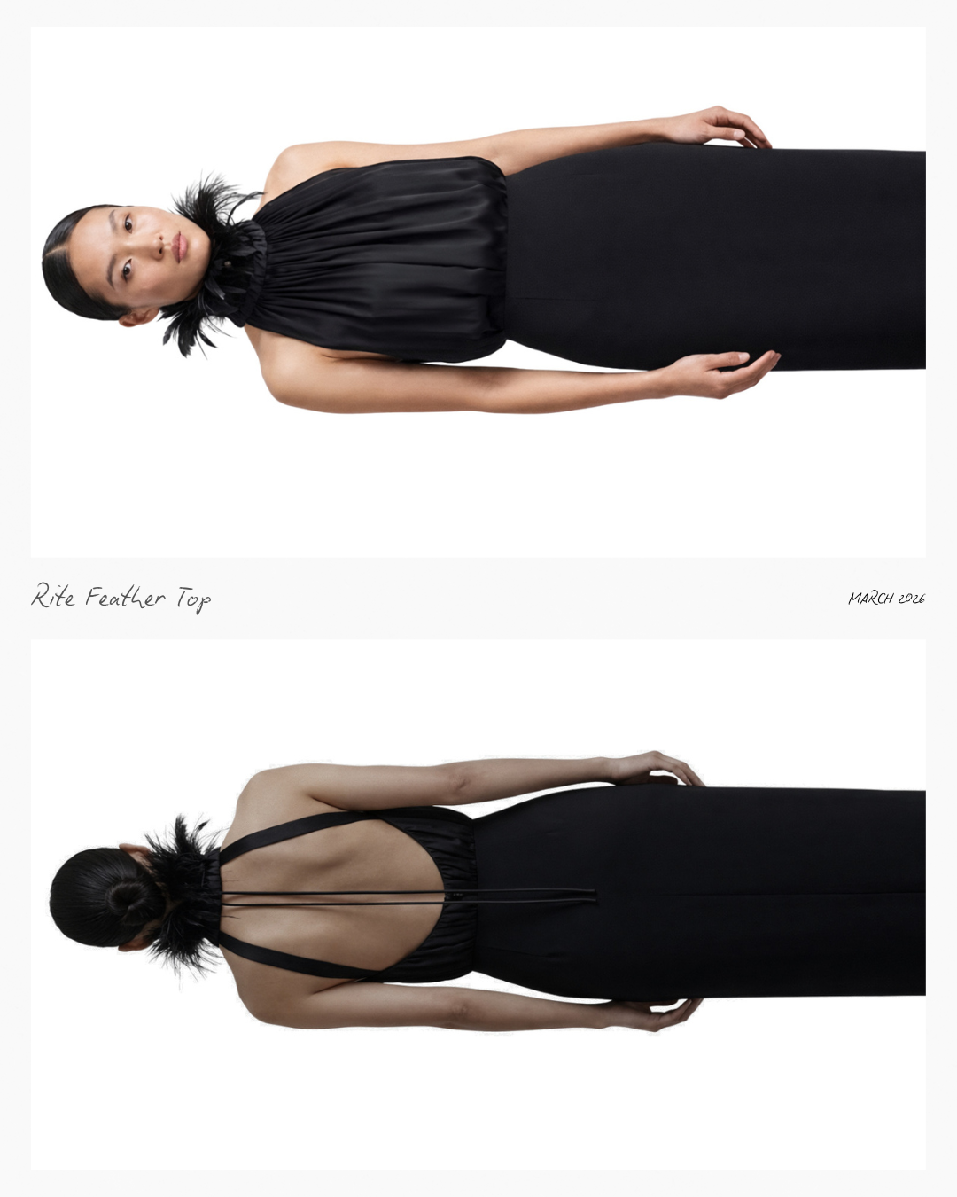 Two models wearing black dresses, shown from front and back against a white background, labeled 'Rite Feather Top,' March 2016.