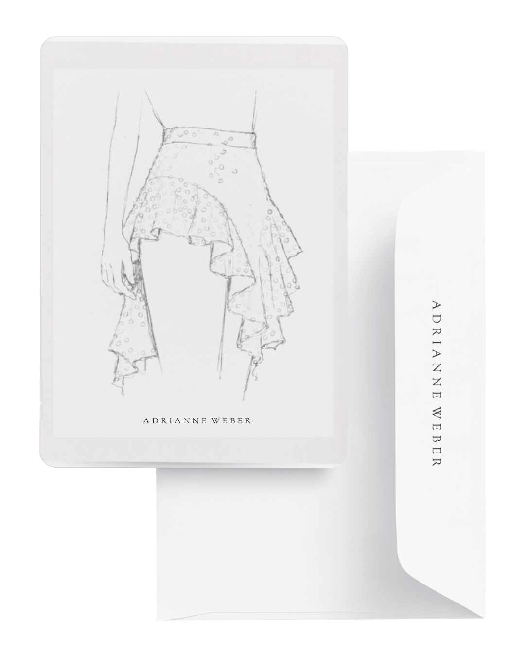 Sketch of a woman wearing a ruffled, polka-dot skirt and a sleeveless top, with the name Adrienne Weber written beneath.