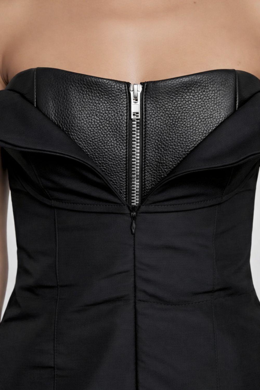 ADRIANNE WEBER sculpted mini dress, strapless with a defined waist in lambskin leather which transitions into a Heavyweight silk tafetta flared skirt