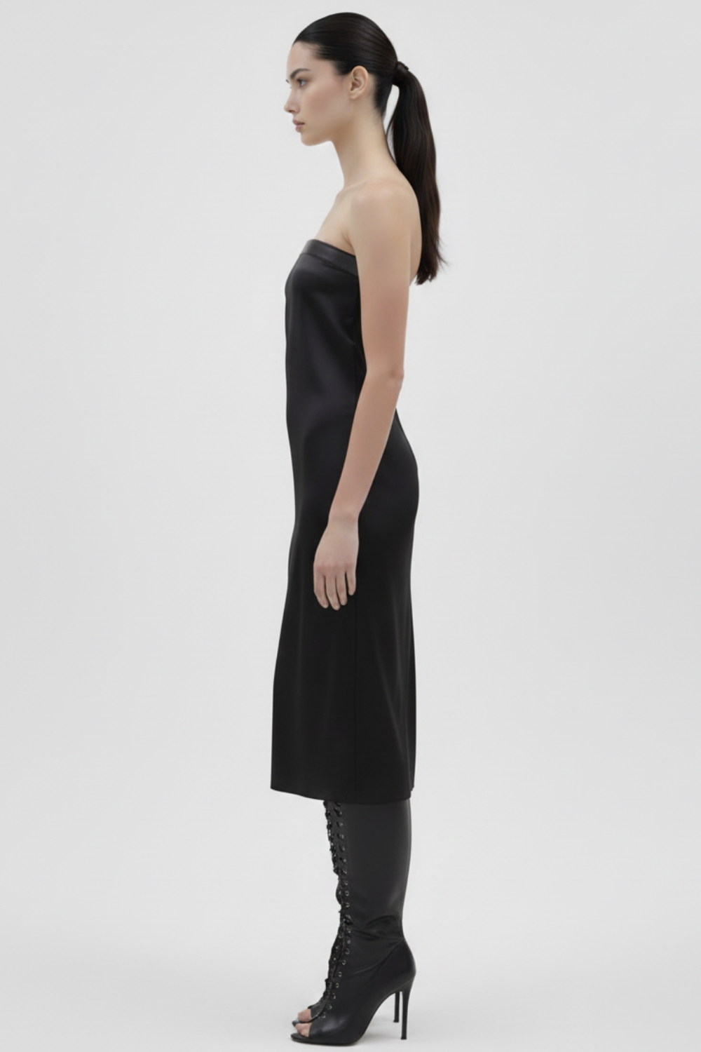 ADRIANNE WEBER Strapless Leather Dress in silk and Italian Nappa leather, fluid and minimal also available in white with black leather