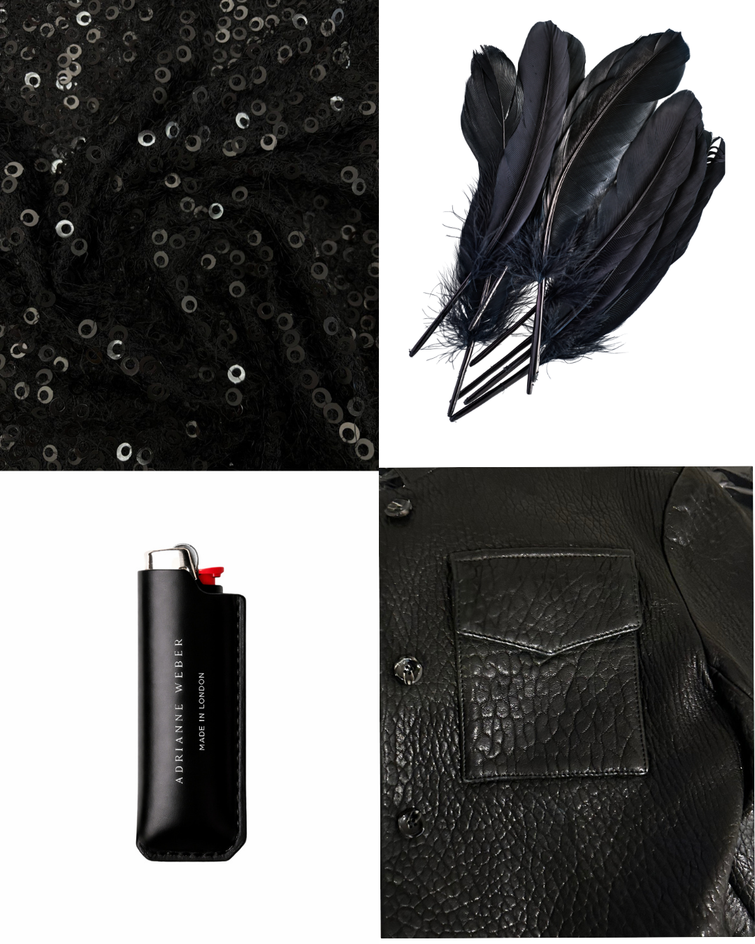 Close-up images of black fashion accessories: a sequin-covered fabric, a bunch of black feathers with hairpins, a black leather jacket, and a black lipstick tube.