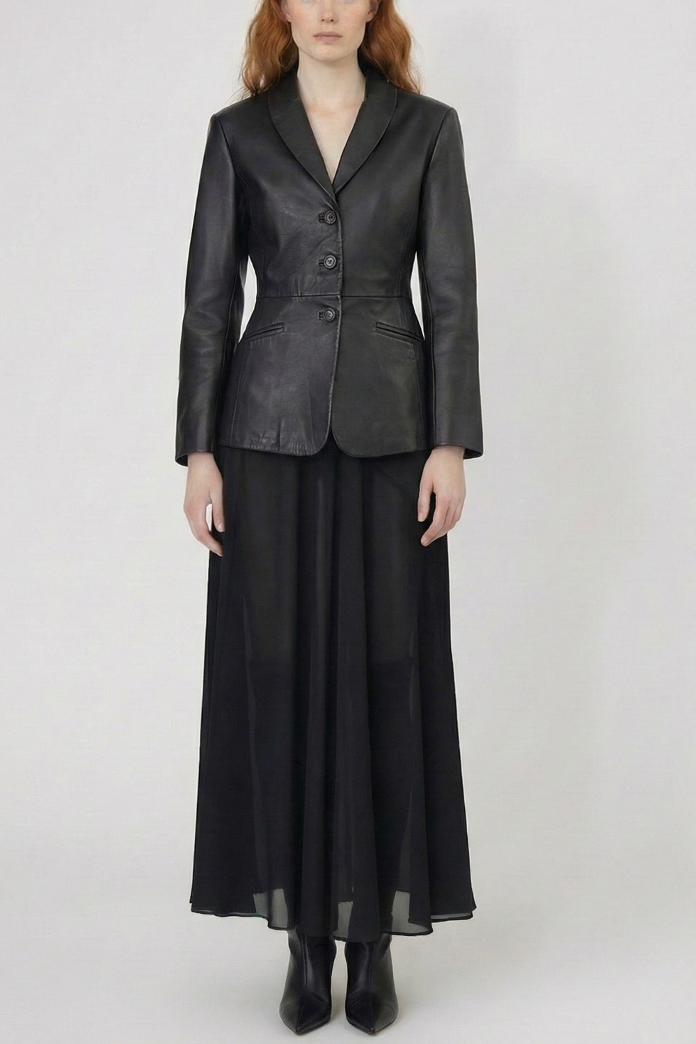 ADRIANNE WEBER Leather Blazer can be styled in multiple ways; as a jacket or open and cinched becoming a deconstructed belt