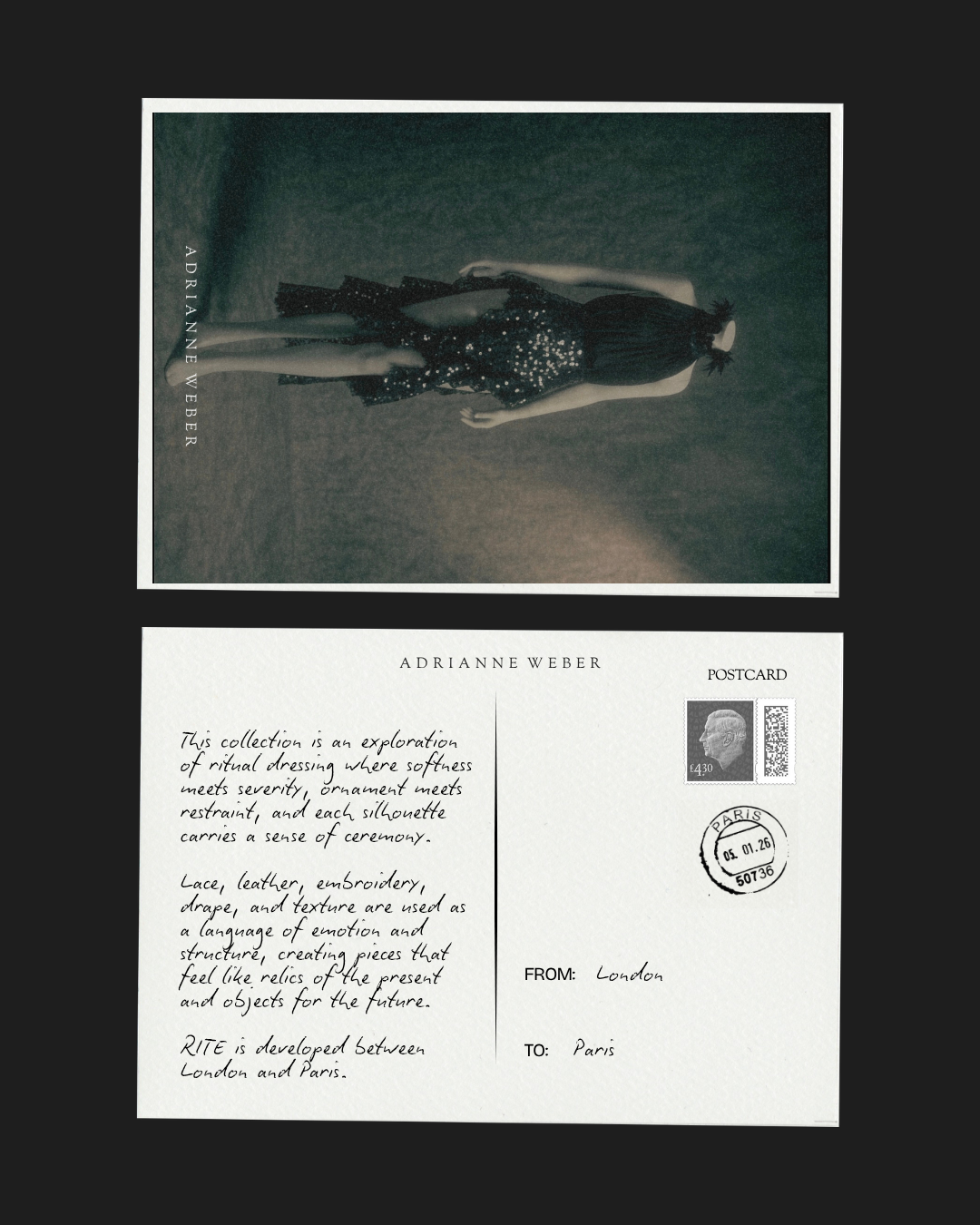 A postcard featuring a model in a black sequined dress with a sheer overlay, standing against a textured dark background. The back includes a handwritten message about a collection of ritual dressing, with mentions of lace, leather, embroidery, and t