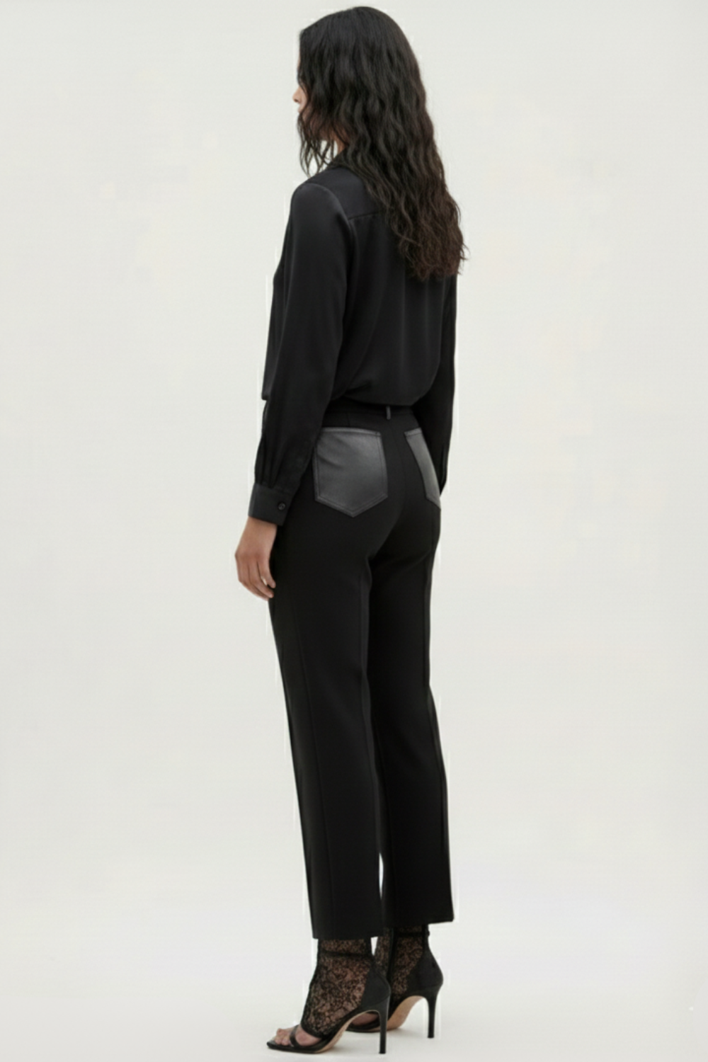 ADRIANNE WEBER Tailored Leather Pocket Trousers in structured crepe and cut at a high waist