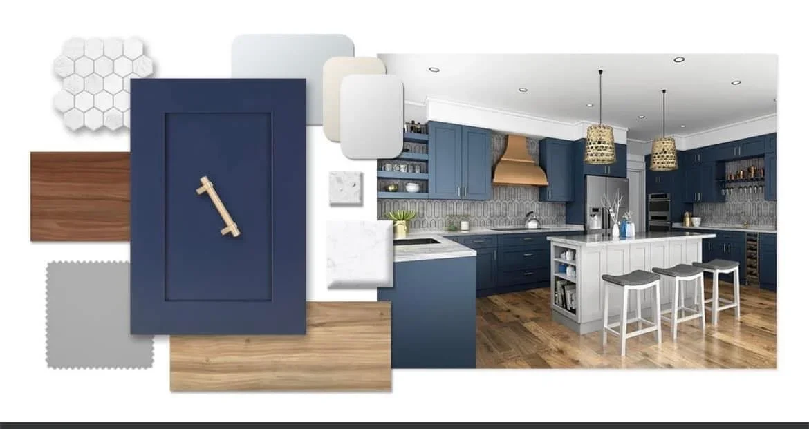 A kitchen with blue cabinets, a white island with three stools, wooden flooring, and hanging pendant lights.