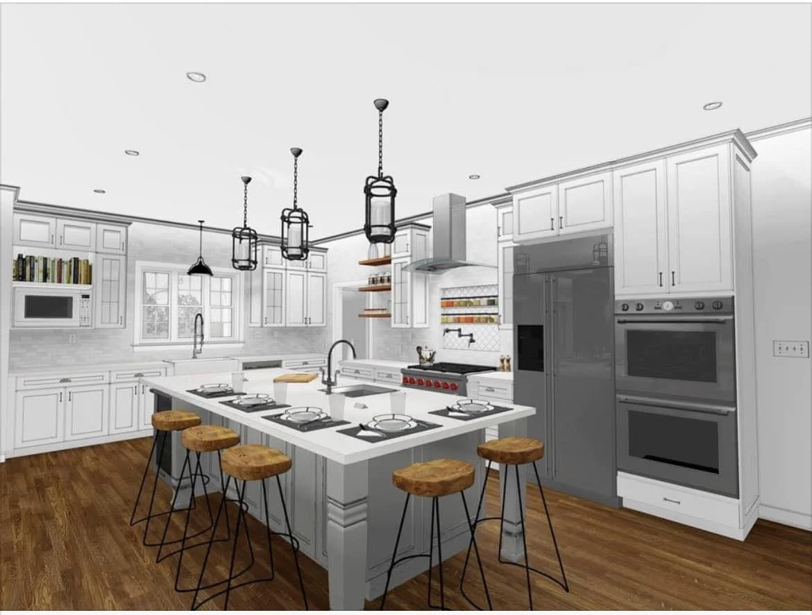 Modern white kitchen with island, six bar stools, stainless steel appliances, hardwood flooring, pendant and recessed lighting, open shelving, and windows.