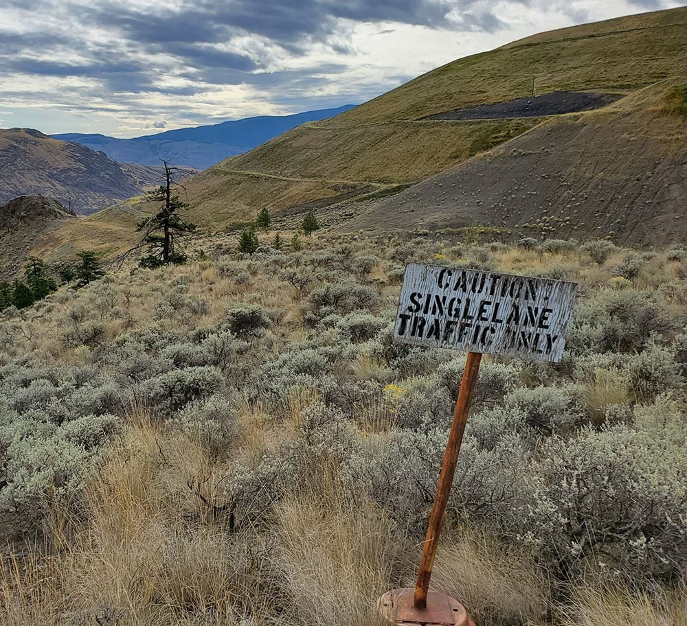 A weathered sign saying 'Caution! Single Lane Traffic Only' in a dry, hilly landscape with grasses, shrubs, and trees, under a partly cloudy sky.