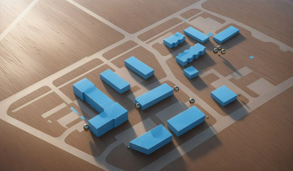 A 3D model of a city or campus layout with blue buildings on a wooden surface, featuring roads and small metallic spheres.