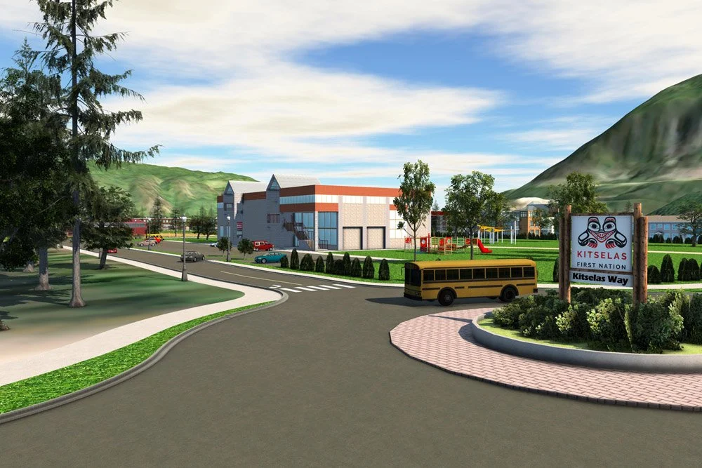 A digital rendering of a school entrance with a sign that reads 'Kitselas First Nation, Kitselas Way'. A yellow school bus is parked near the sign. The school building is visible in the background along with a playground, playground equipment, and parking lot. Mountainous landscape and trees surround the area.