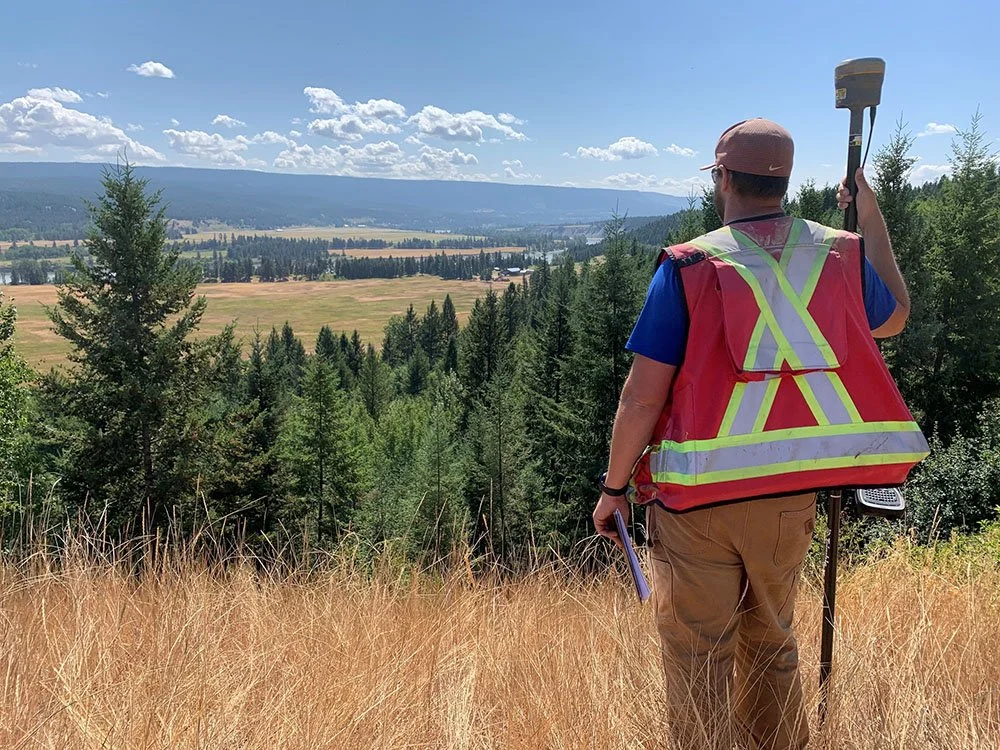 A surveyor in a safety vest and hat stands on a hillside, holding a sledgehammer, overlooking a landscape of trees, fields, and distant mountains under a partly cloudy sky.