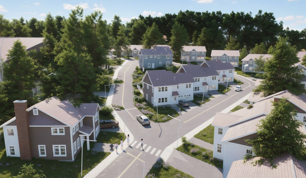 A residential neighborhood with modern houses, trees, and cars parked along streets, with a few people walking on the sidewalk.