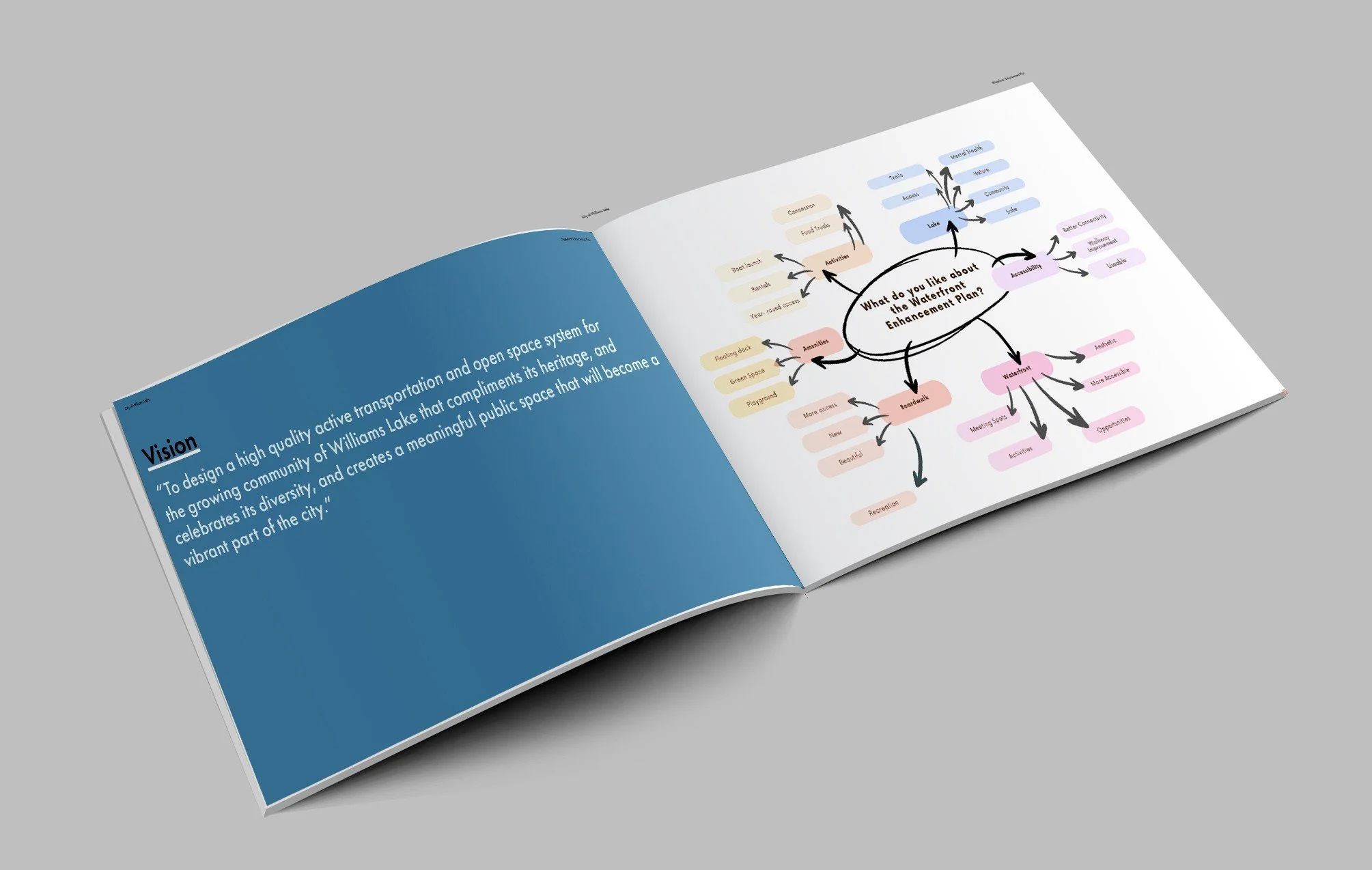 Open booklet showing a blue page with a vision statement about designing a public space at Williams Lake, and a right page with a mind map about waterfront enhancement plan, including categories like amenities, boardwalk, and water font with various subpoints.