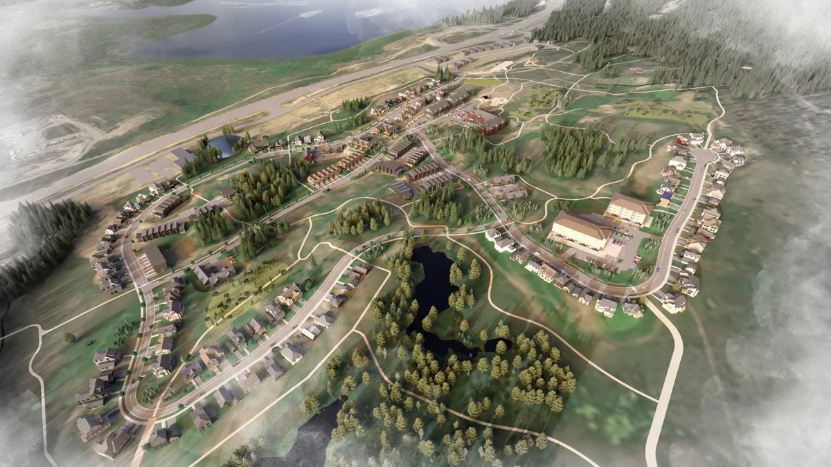 A detailed aerial rendering of a suburban residential community with houses, roads, green spaces, a central pond, and surrounding forested areas.