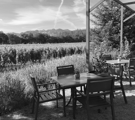 Outdoor patio with tables and chairs overlooking a field and mountains in the distance