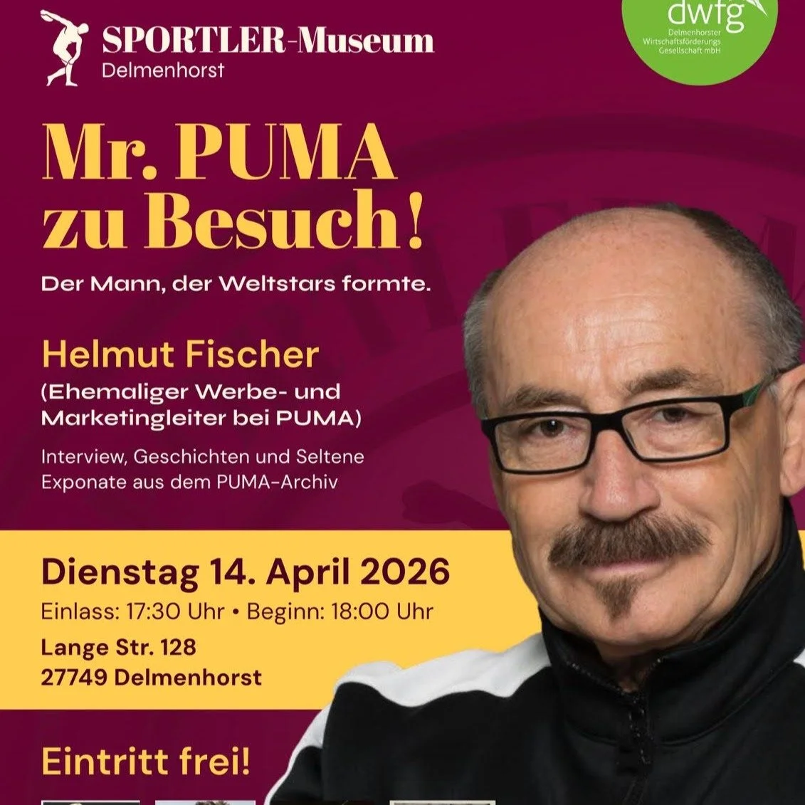 Morgen ist es soweit!!!

Pel&eacute;s, Usain Bolts und Maradonas Schuhe in @delmenhorst_de : &bdquo;Mister @puma &ldquo; Helmut #Fischer erz&auml;hlt im #SPORTLER-Museum, wie er Athleten auf dem Weg zu Legenden begleitet hat 🥇🏐🥎

Ob Boris #Becker,