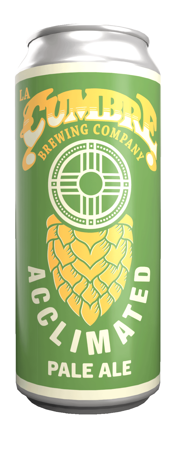 Green aluminum can of La Cumbre Brewing Company's Acclimate Pale Ale featuring a yellow hop cone and a circular logo with lines and dots.