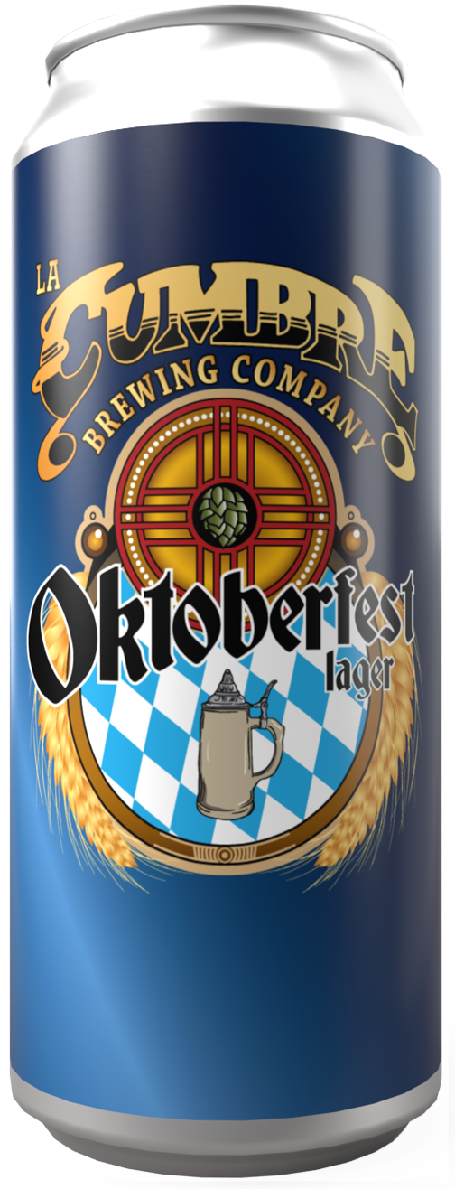 A can of La Cumbre Oktoberfest lager beer with a blue and white checkered banner, a beer mug, and Bavarian design elements.