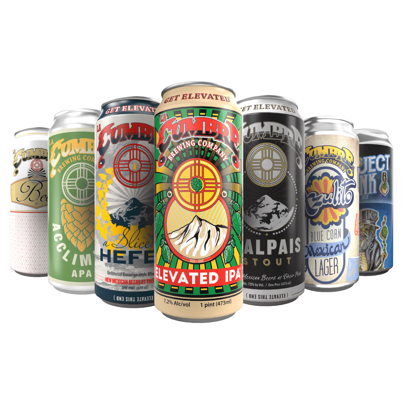 A row of seven colorful beer cans from Sublim Brewing Company featuring various labels and designs, with the central can labeled Elevated IPA.