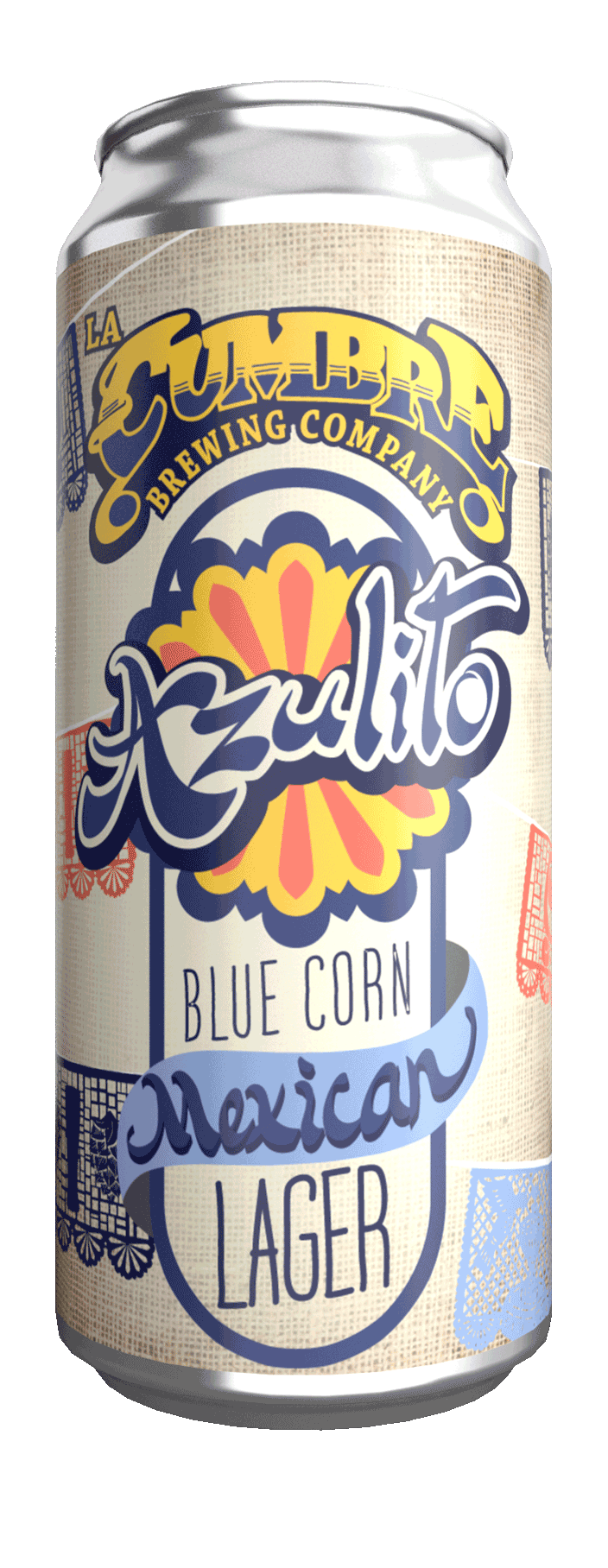 Can of La Cumbre Brewing Co.'s Azulito Blue Corn Mexican Lager with colorful graphics and text.