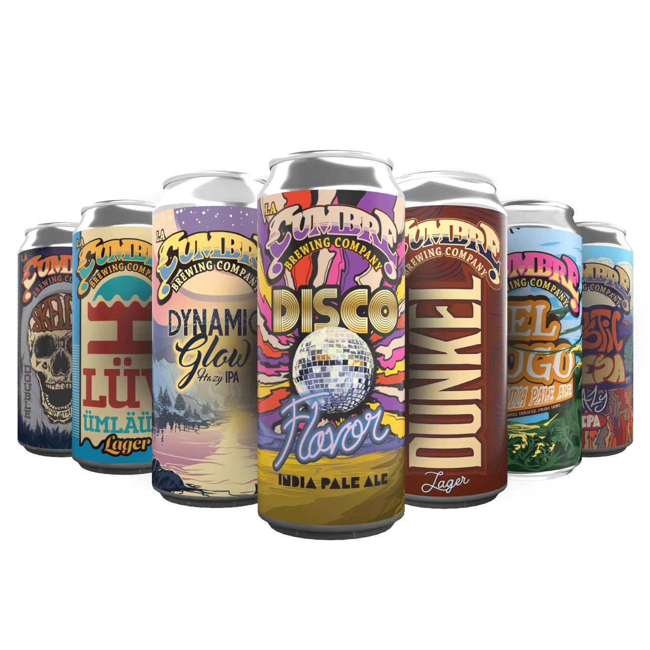 A lineup of seven colorful craft beer cans from LA ZUBRA Brewing Company featuring various artistic labels.