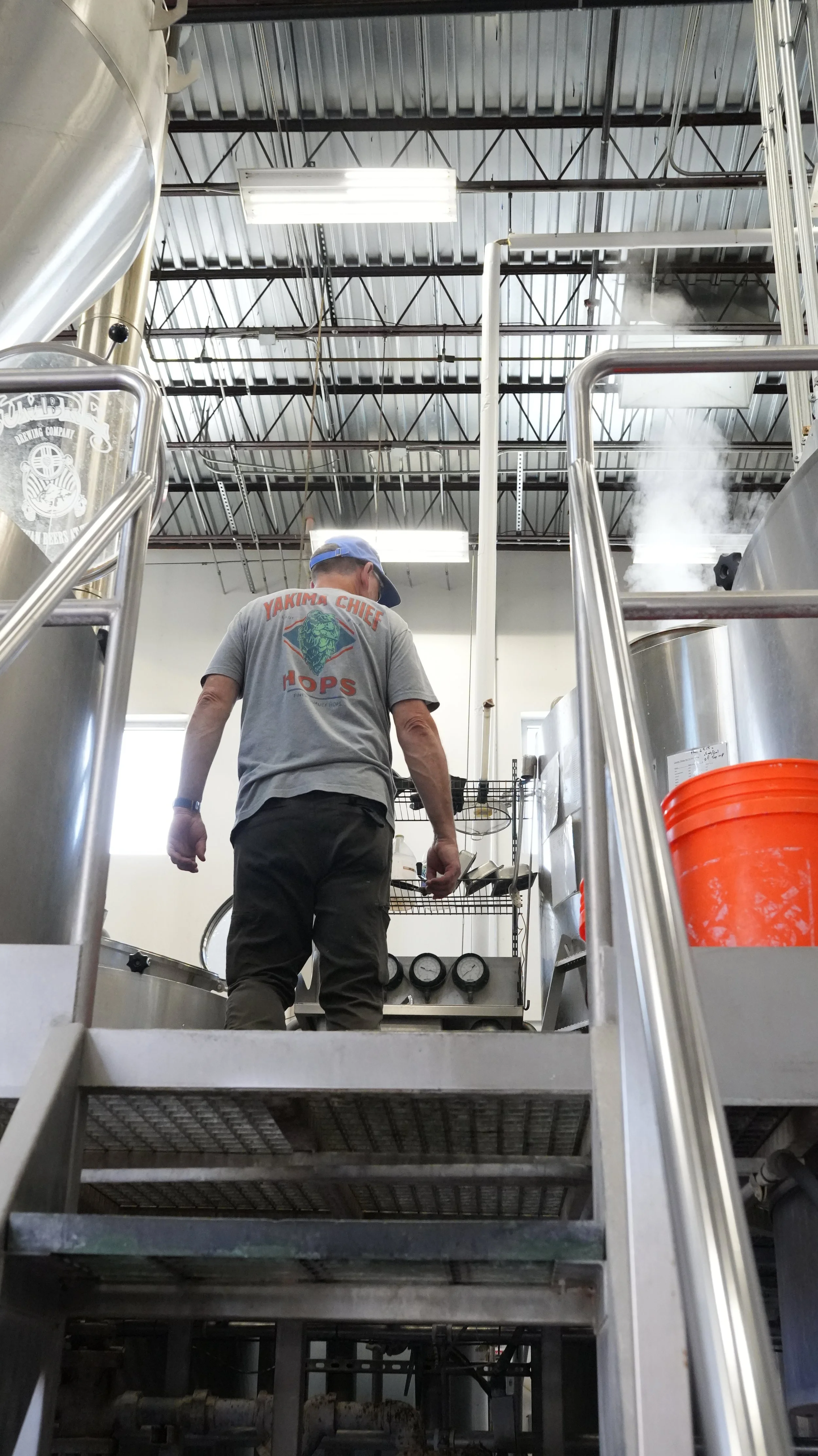 A man wearing a gray t-shirt, baseball cap, and glasses working in a brewery, seen from below through metal stairs, with brewing tanks and pipes around him, and steam rising from a tank.