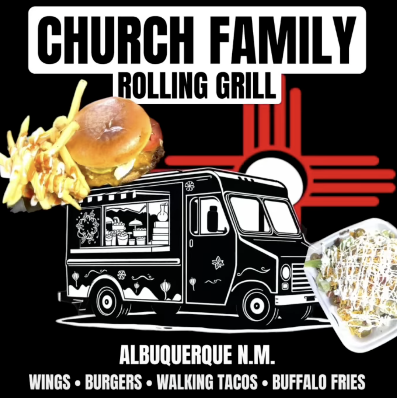 Blue food truck with a colorful chili pepper logo and green text that reads "Wanna Talo Bout Burgers" and "Tipton Team Catering LLC" parked on the street during sunset.