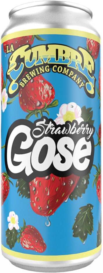 Can of La Cumbre Brewing Company's Strawberry Gose beer with strawberries and flowers on the label.