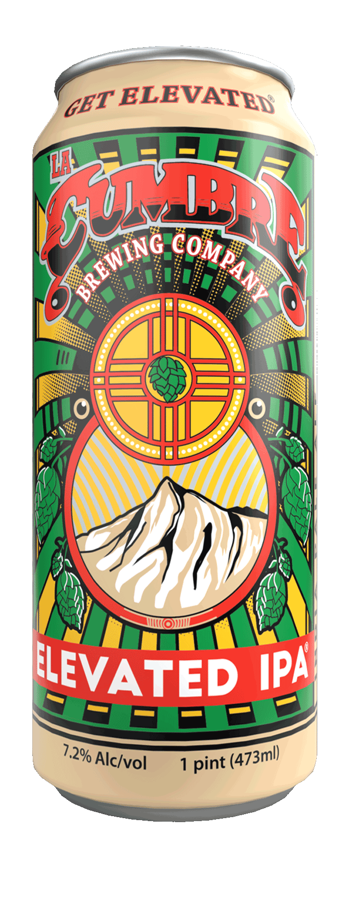 A can of La Cumbre Elevated IPA with colorful graphics including a mountain and the La Cumbre logo, with text promoting the beer's quality and presentation.