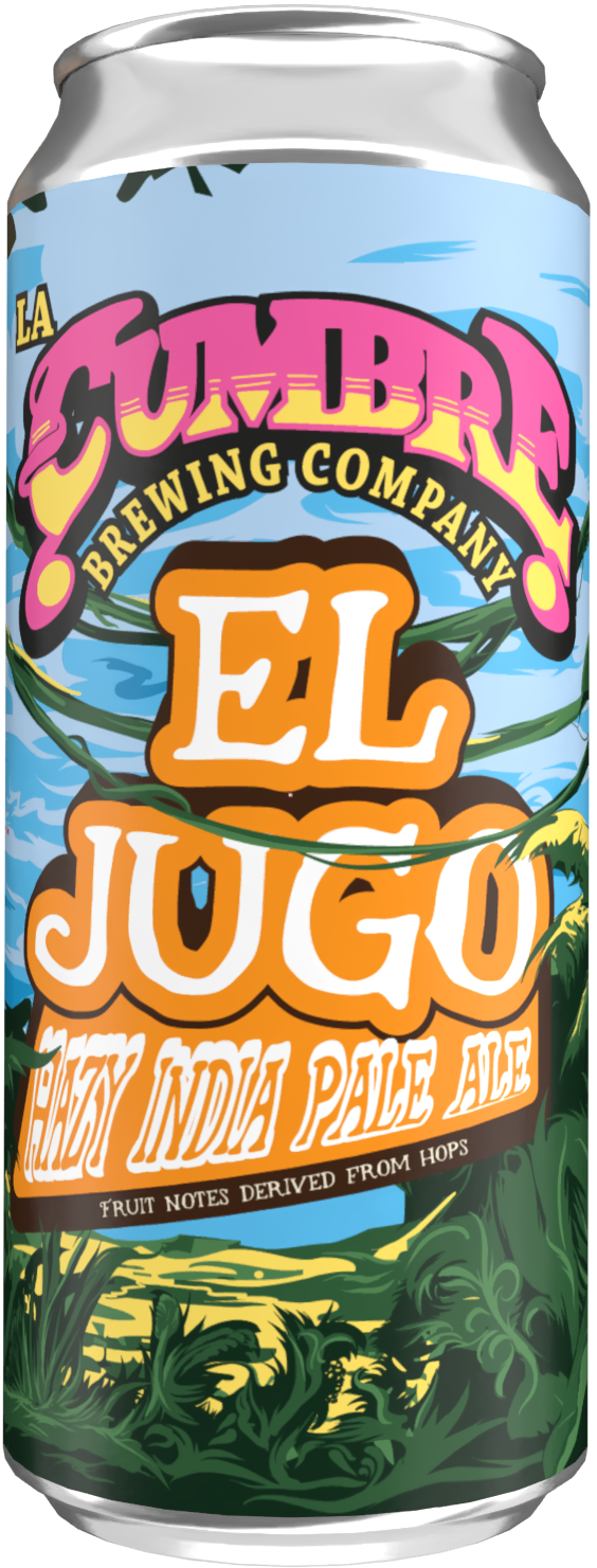 Can of a hazy beer from LA Cumbre Brewing Company with a tropical and jungle-themed design, featuring colorful text and illustrations of jungle foliage