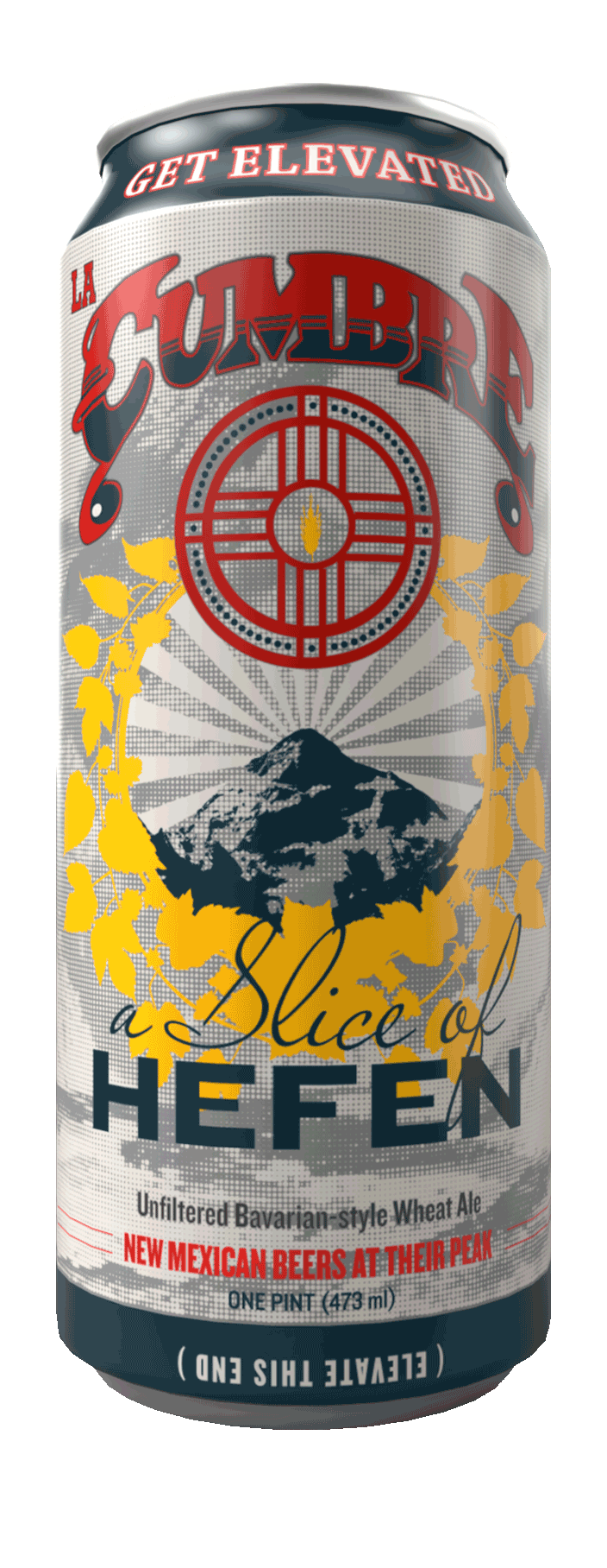 A can of La Cumbre beer featuring a mountain, a target symbol, and yellow leaves with text promoting Mexican rebranding and Bavarian-style wheat ale.