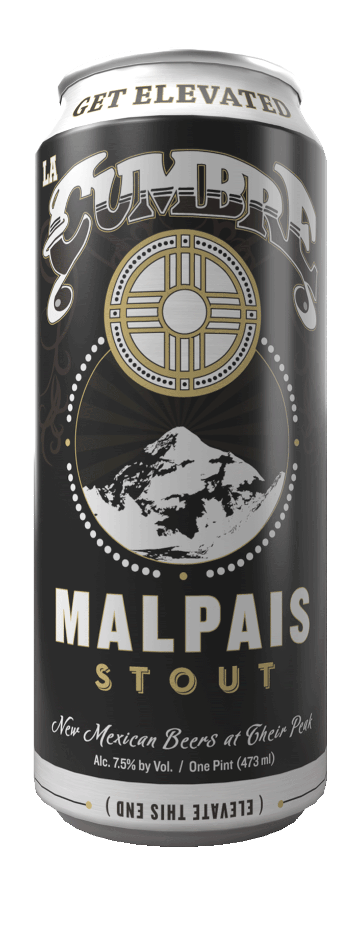A can of Malpais Stout beer with black, gold, and white labeling, featuring a mountain illustration and decorative circular designs, with the text 'Get Elevated' at the top.