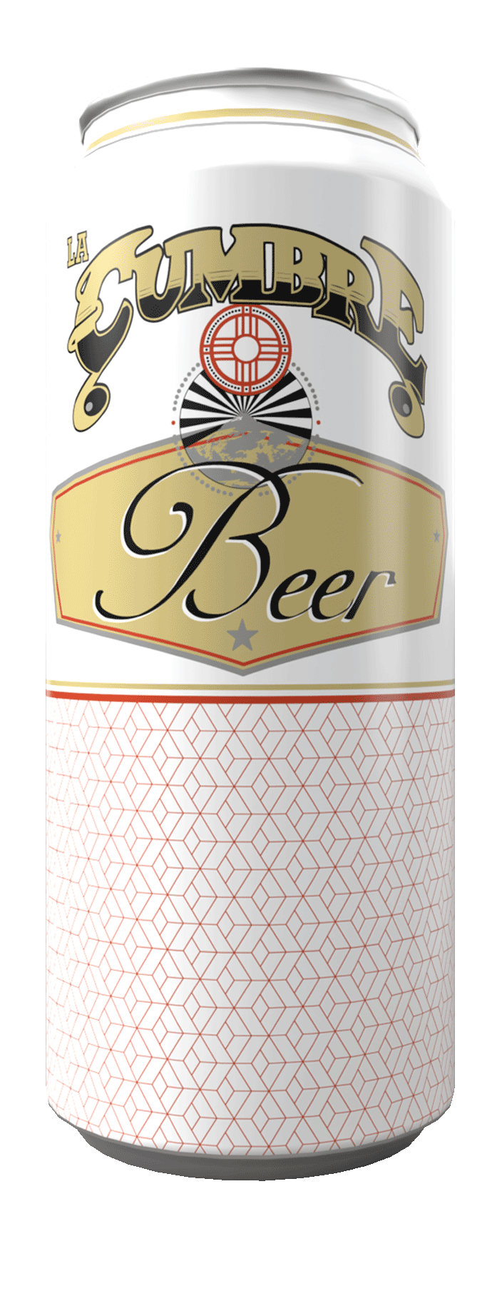 A white aluminum can of La Cumbre Beer with black, gold, red, and gray accents, featuring a geometric pattern at the bottom and a stylized logo in the center.