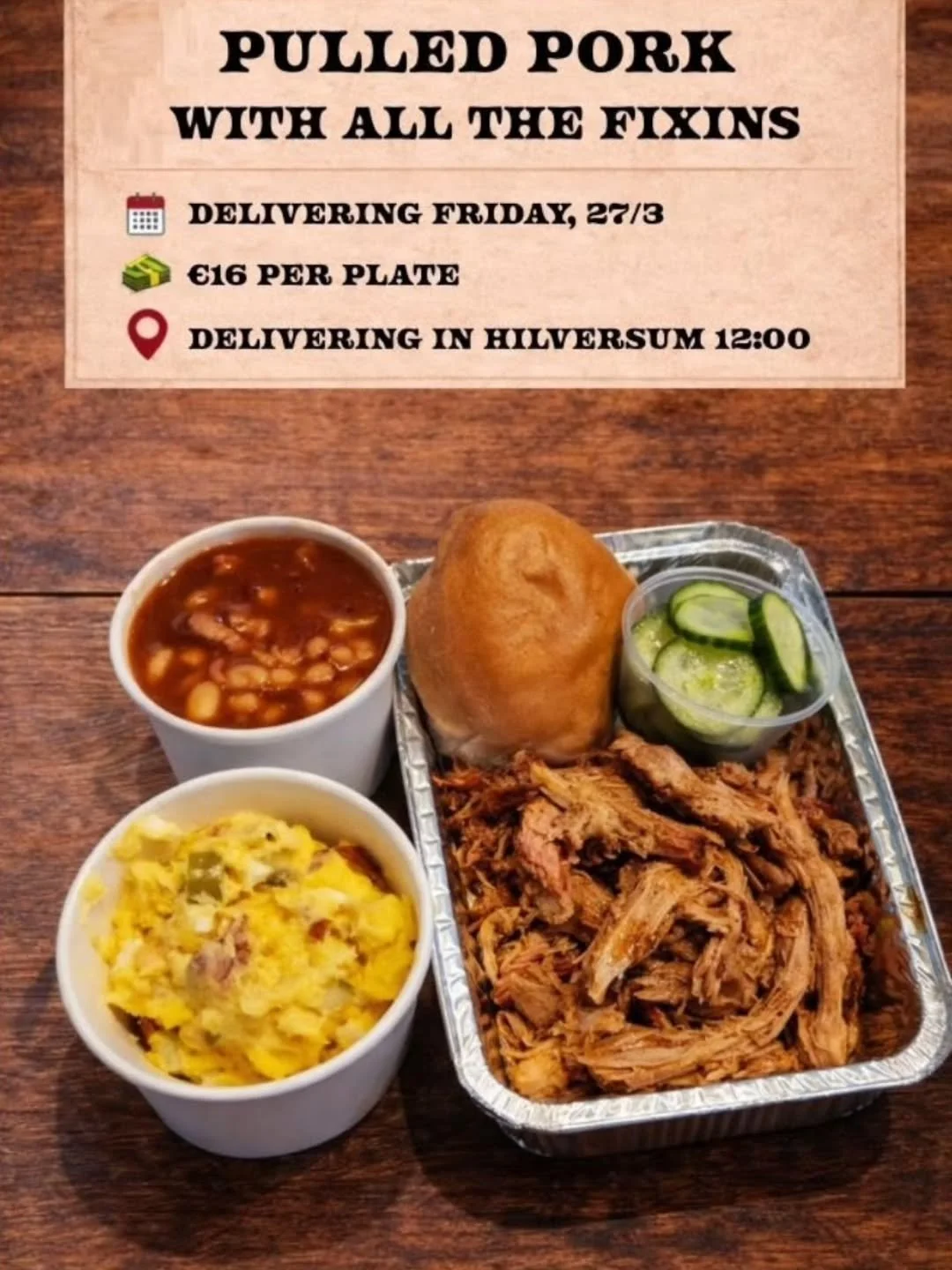 Upcoming Menu for Friday 27-3 Pulled Pork with All the Fixins

Howdy Y'all,

This week's menu item: Pulled Pork with Homemade Potato Salad, BBQ Baked Beans &amp; Garlic Dill Pickles

Ordering Details:

📅 Delivery: Friday, March 27th (afternoon)

💶 