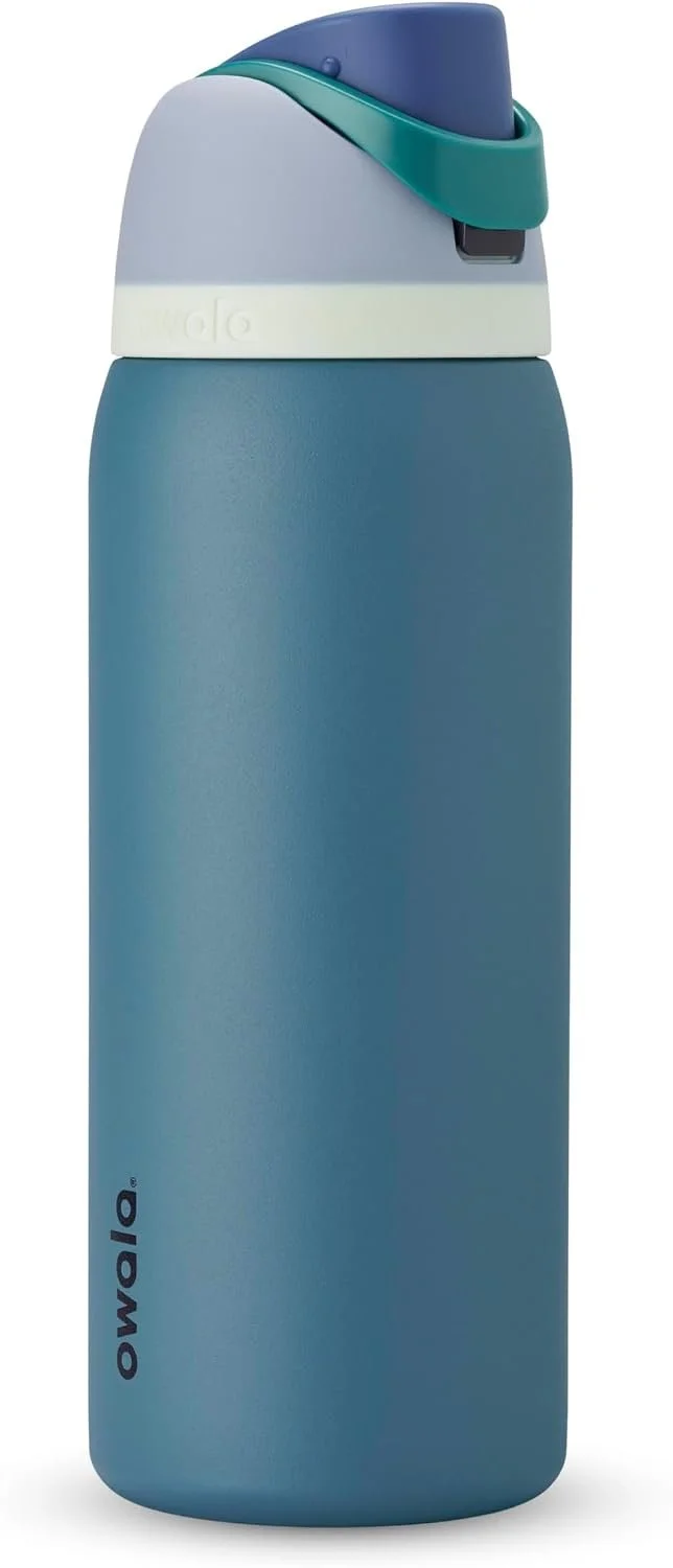 A blue insulated water bottle with a gray lid and a teal flip-up spout.