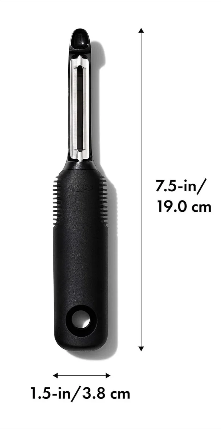 A black and silver vegetable peeler with a textured handle, measuring 7.5 inches (19 cm) in length and 1.5 inches (3.8 cm) in width.