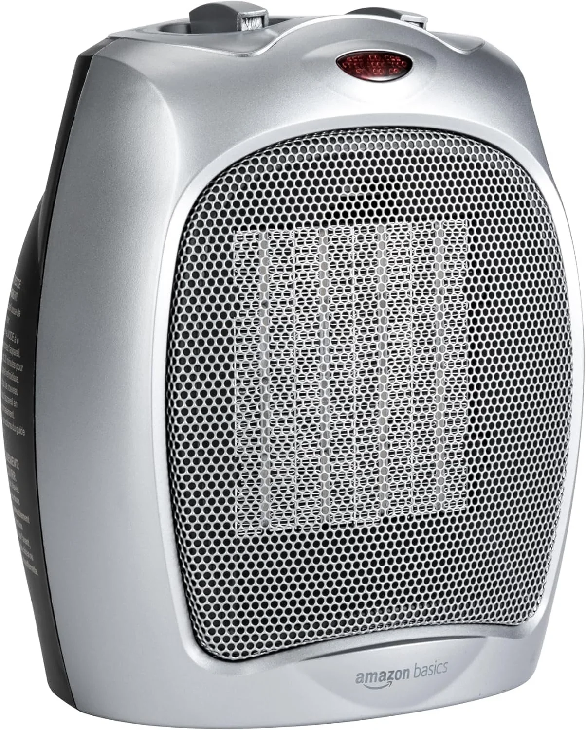 Silver space heater with a grille and a control switch on top, labeled 'amazon basics' at the bottom.